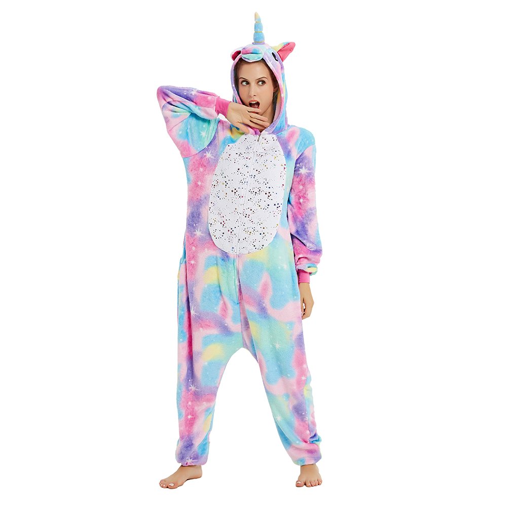 Toy Farm Unisex Animal Pyjamas - Rainbow Unicorn with Sparkling Stars Adult Onesie (Cosplay / Nightwear / Halloween / Carnival / Novelty Costume)