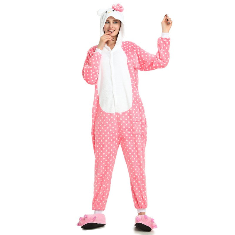 Toy Farm Unisex Animal Pyjamas - Dotted Pink Hello Kitty Adult Onesie (Cosplay / Nightwear / Halloween / Carnival / Novelty Costume)