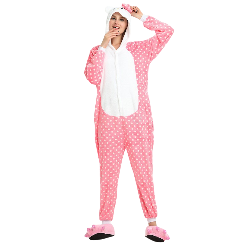 Toy Farm Unisex Animal Pyjamas - Dotted Pink Hello Kitty Adult Onesie (Cosplay / Nightwear / Halloween / Carnival / Novelty Costume)