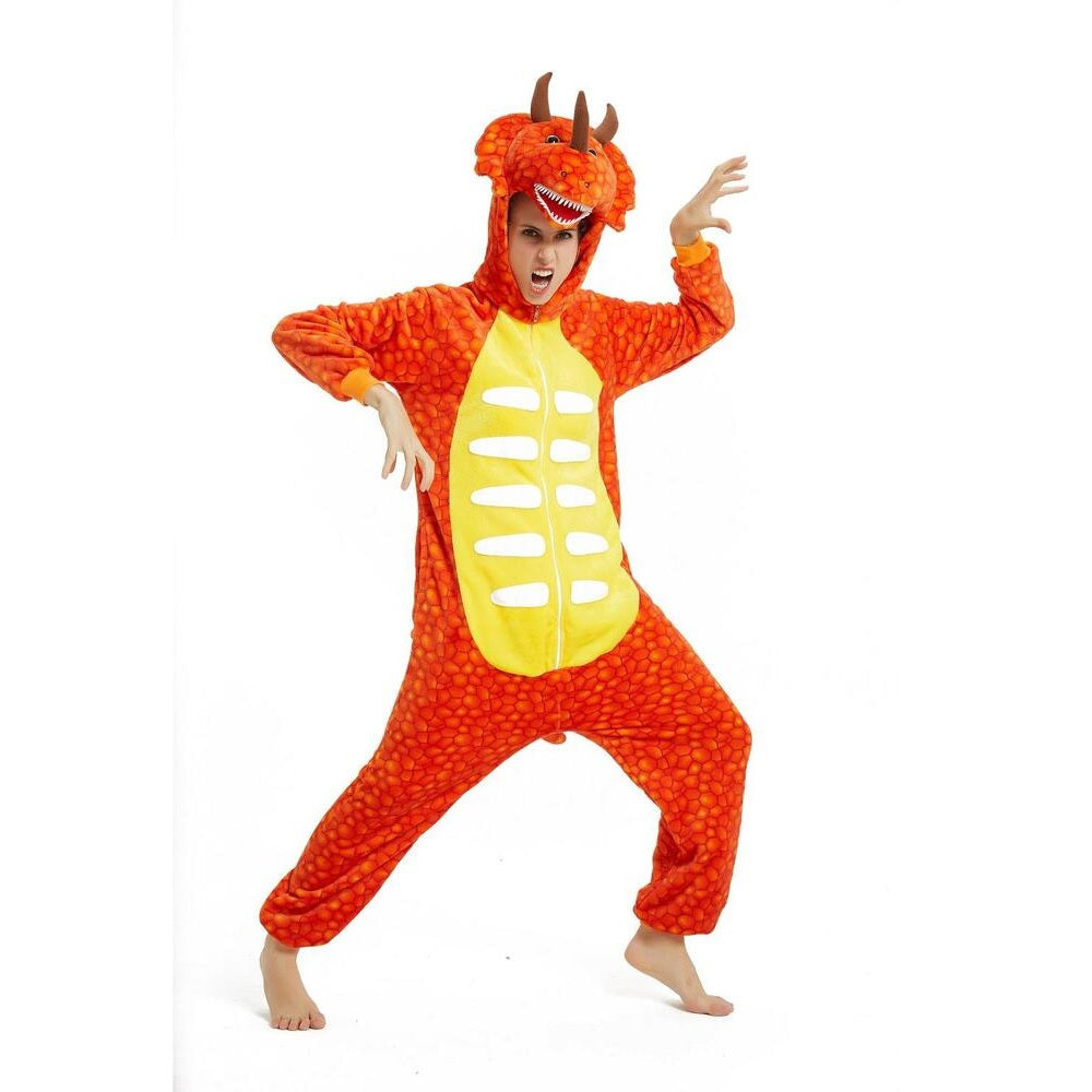 Toy Farm Unisex Animal Pyjamas - Orange Triceratops Dinosaur Adult Onesie (Cosplay / Nightwear / Halloween / Carnival / Novelty Costume)