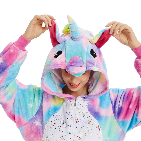 Toy Farm Unisex Animal Pyjamas - Rainbow Unicorn with Sparkling Stars Adult Onesie (Cosplay / Nightwear / Halloween / Carnival / Novelty Costume)