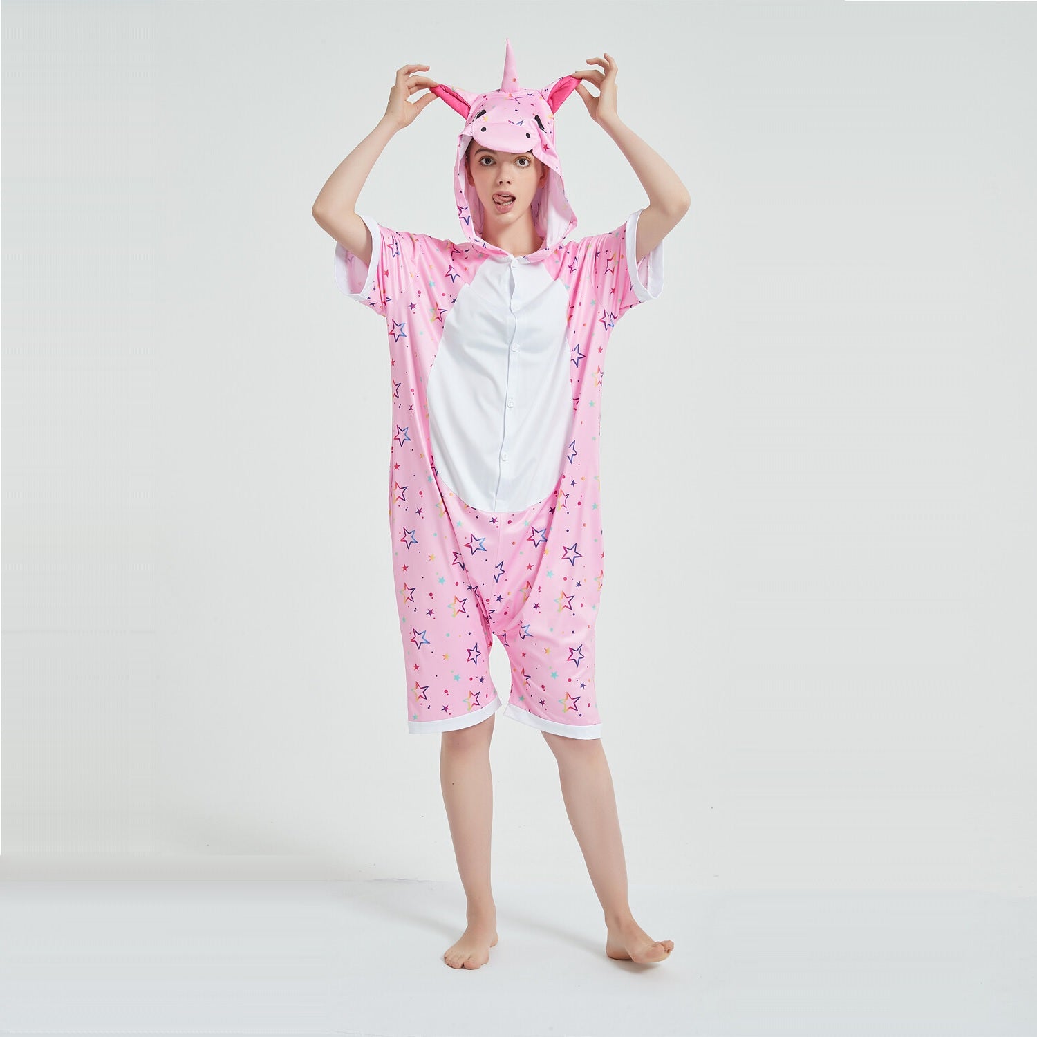 Toy Farm Unisex Animal Summer Pyjamas - Pink Star Unicorn Adult Summer Onesie (Book-week / Nightwear / Halloween / Pyjama Days)