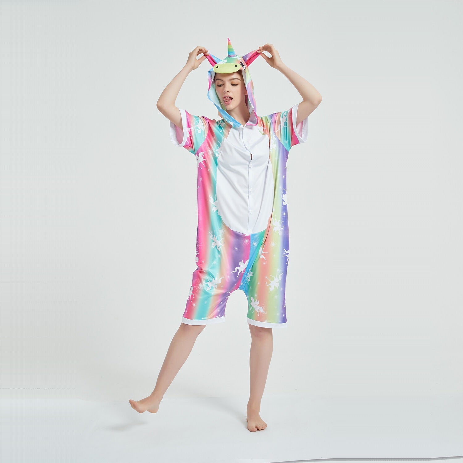 Toy Farm Unisex Animal Summer Pyjamas - Rainbow Stripes Unicorn Adult Summer Onesie (Book-week / Nightwear / Halloween / Pyjama Days)