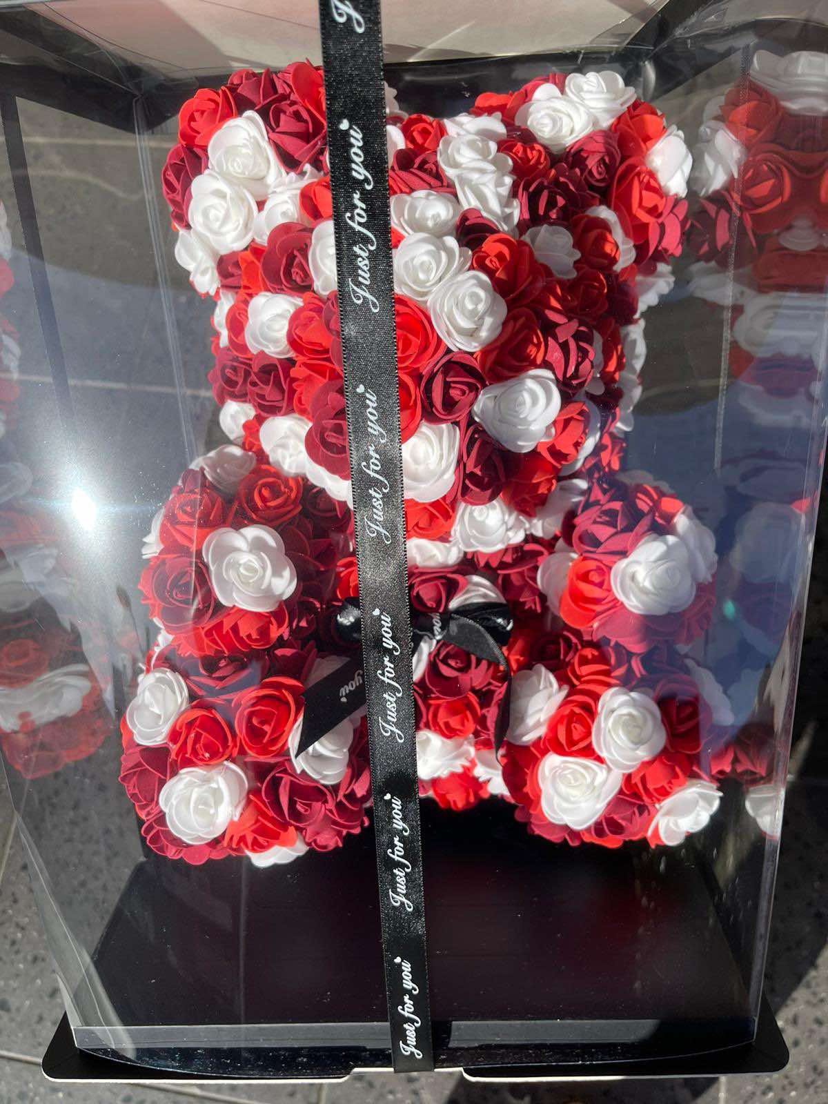 Gorgeous Red n White Rose Teddy Bear with LED Light and Gift Box - 40cm