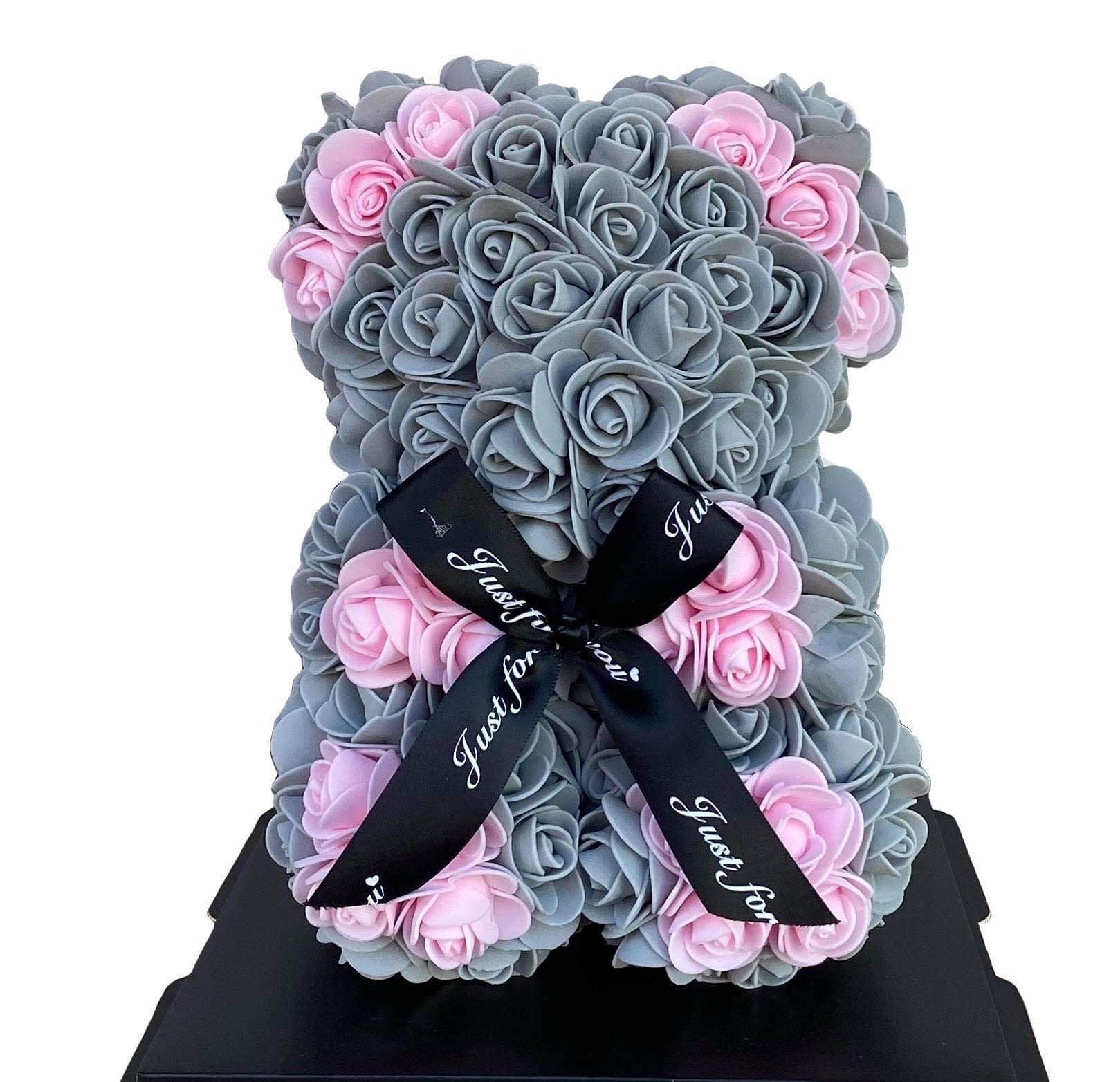 Gorgeous Grey n Pink Rose Teddy Bear with LED Light and Gift Box - 25cm