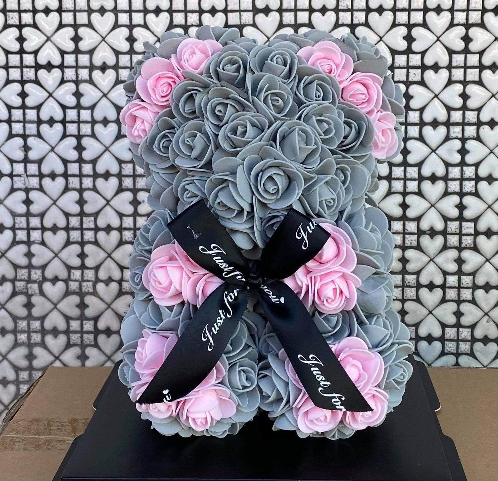 Gorgeous Grey n Pink Rose Teddy Bear with LED Light and Gift Box - 25cm