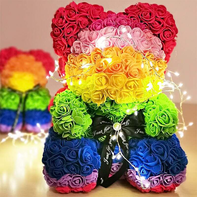 Gorgeous Rainbow Rose Teddy Bear with LED Light and Gift Box - 40cm