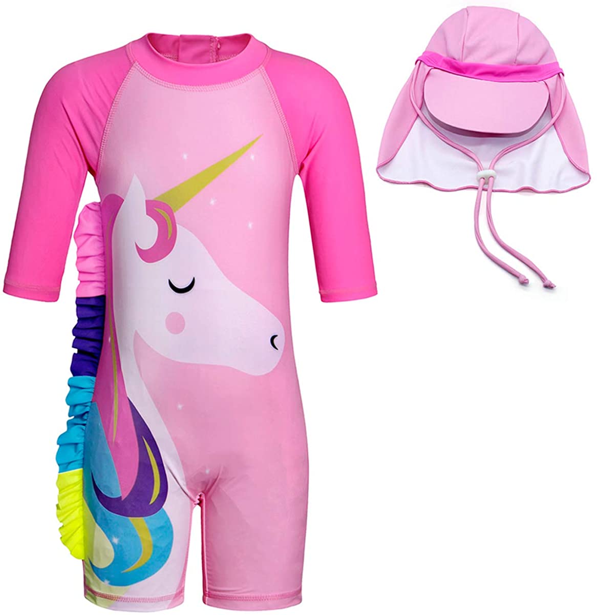 Set of Pink Unicorn One-Piece Long-sleeve Swimsuit and Hat