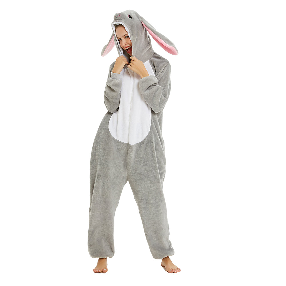 Toy Farm Unisex Animal Pyjamas - Big-Ear Grey Bunny Adult Onesie (Cosplay / Nightwear / Halloween / Carnival / Novelty Costume)