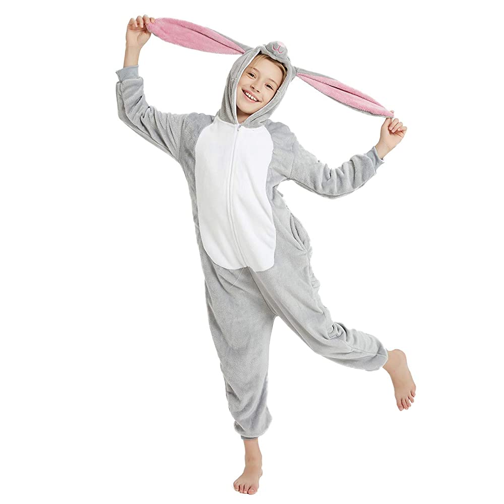 Toy Farm Unisex Animal Pyjamas - Big-Ear Grey Bunny Kids Onesie (Cosplay / Nightwear / Halloween / Carnival / Novelty Costume)