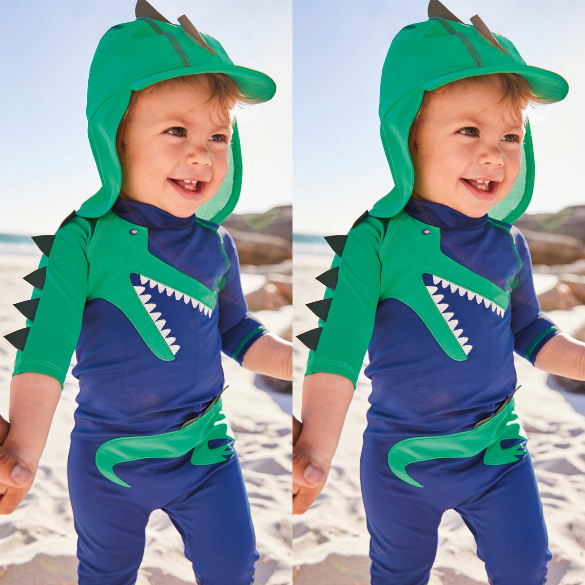 Set of Dinosaur One-Piece Long-sleeve Swimsuit and Hat