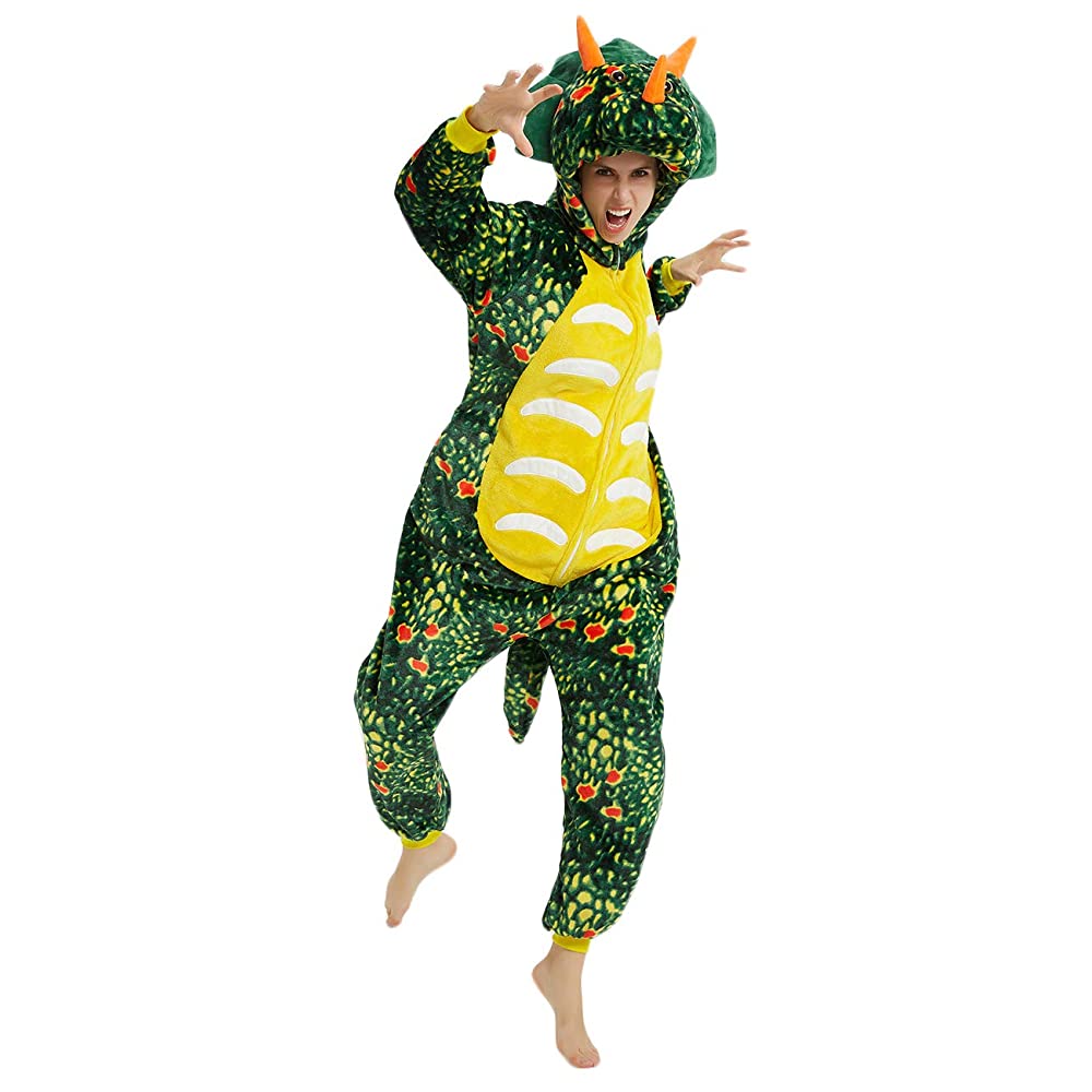 Toy Farm Unisex Animal Pyjamas - Green Triceratops Dinosaur Adult Onesie (Cosplay / Nightwear / Halloween / Carnival / Novelty Costume)