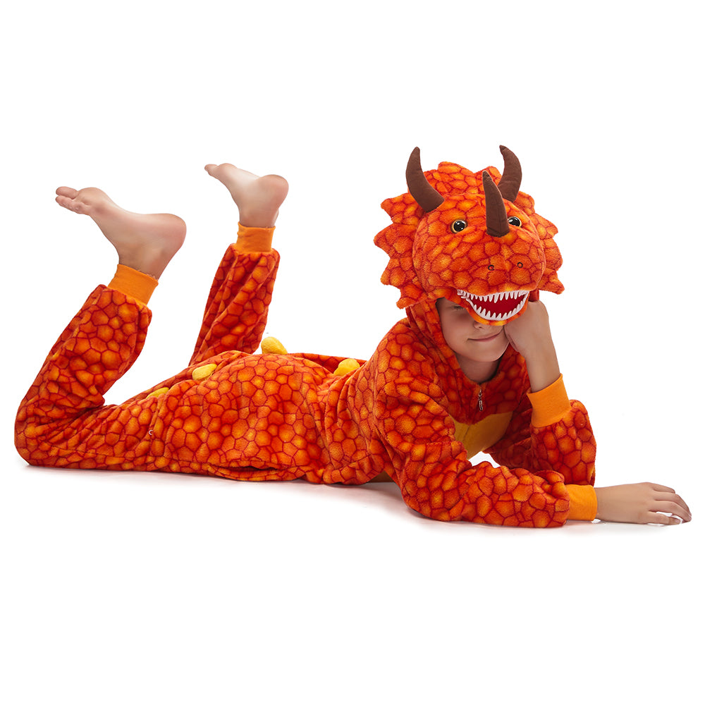 Toy Farm Unisex Animal Pyjamas - Orange Triceratops Dinosaur Kids Onesie (Cosplay / Nightwear / Halloween / Carnival / Novelty Costume)